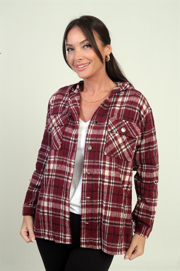 Chemise à capuche pour femme, motif à carreaux, poches à boutons métalliques