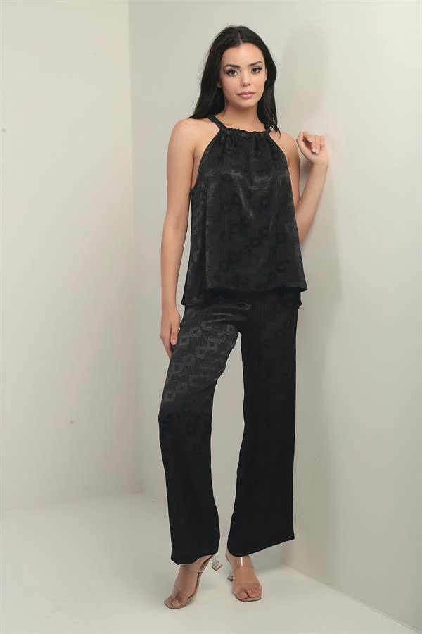 Women's Thin Strapped Blouse with Elastic Waist, Pockets, Palazzo Pants, Geometric Pattern Satin, 2-Piece Set