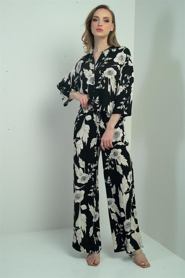 Women's Floral Print Long-Sleeve Shirt Two-Piece Set with Elastic Waist and Drawstring