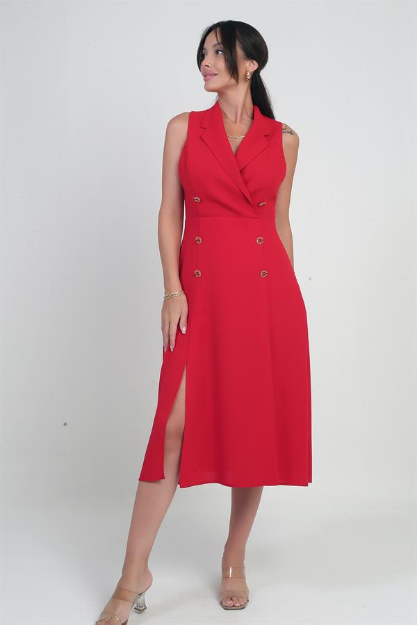 Women's Wrap Neckline Lined Double Slit Button Detail Midi Crepe Dress