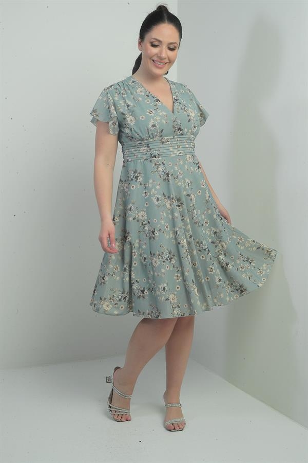 Robe en lin imprimé grande taille, doublée, col croisé, manches volantées