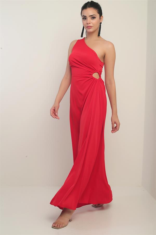 Kadın Tek Omuz Yan Pencere Detaylı Uzun Krep Saten Elbise