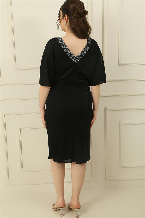 Front and Back Embellished V-Neck Lined Low-Cut Batwing Sleeve Glittery Plus Size Dress