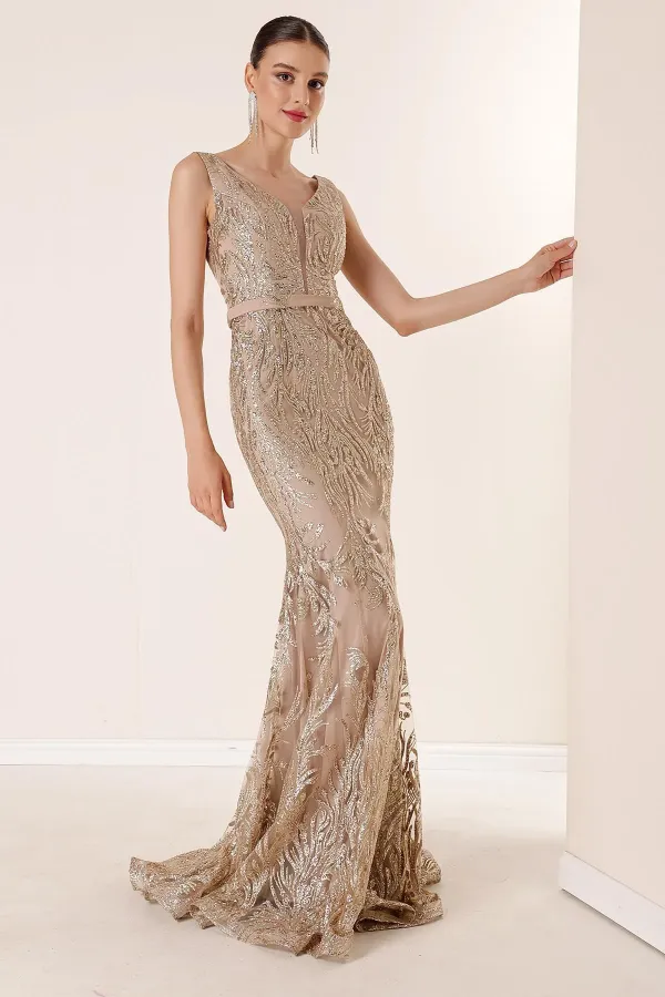 V-Neck Lined Glittery Flock Print Long Dress