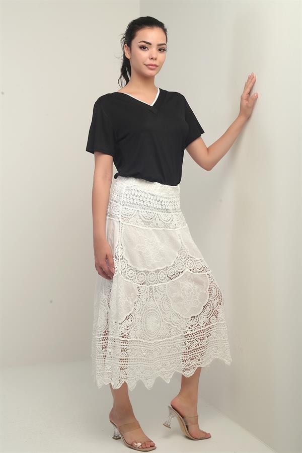 Kadın Beli Lastikli Astarlı Dantel Fisto Midi Etek