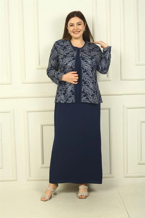 Robe longue à col perlé, ensemble deux pièces grande taille avec veste brodée de perles et de sequins, doublée.