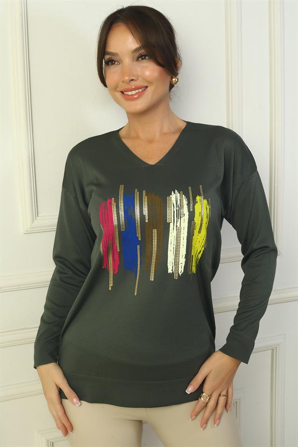 Kadın V Yaka Önü Baskılı Triko Kazak