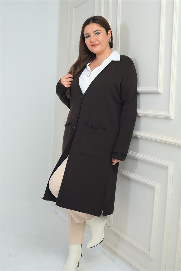 Gilet long en maille grande taille pour femme, avec poches et détails rayés