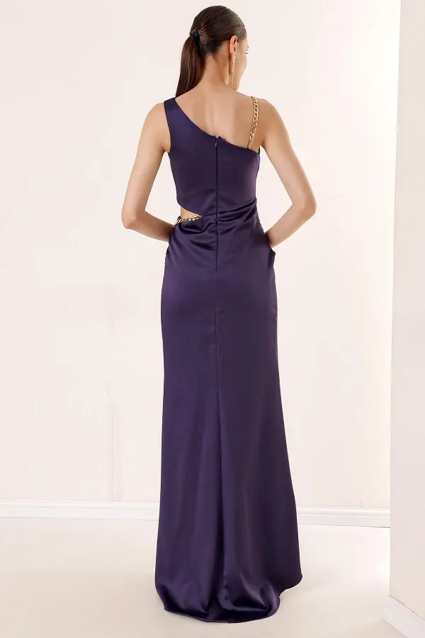 Tek Omuz Bel Dekolteli Zincirli Saten Abiye Elbise