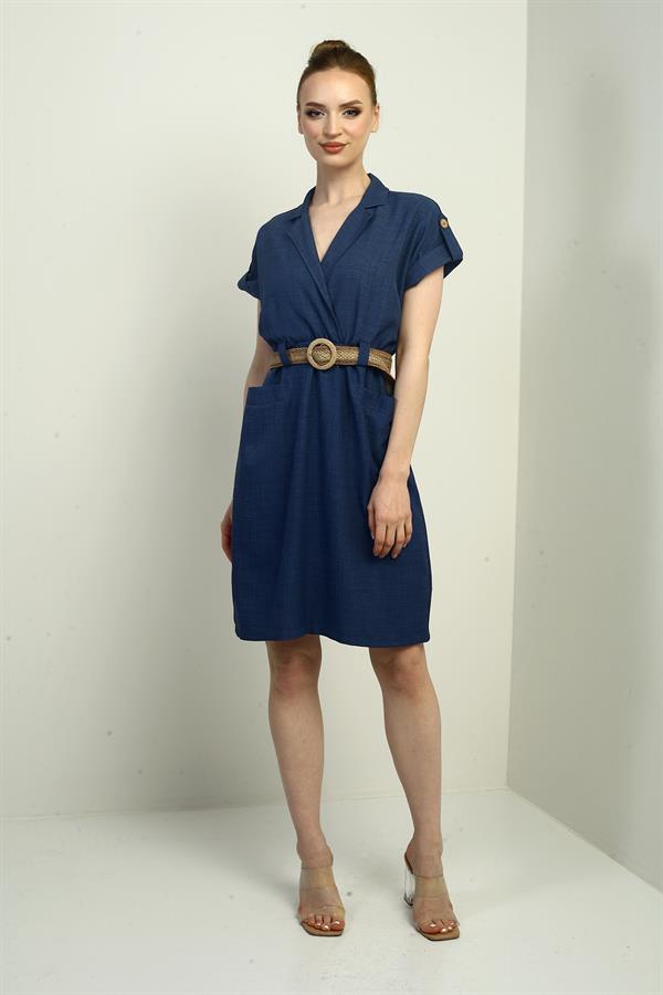 Women's Dress with Patch Pockets and Belt Waist
