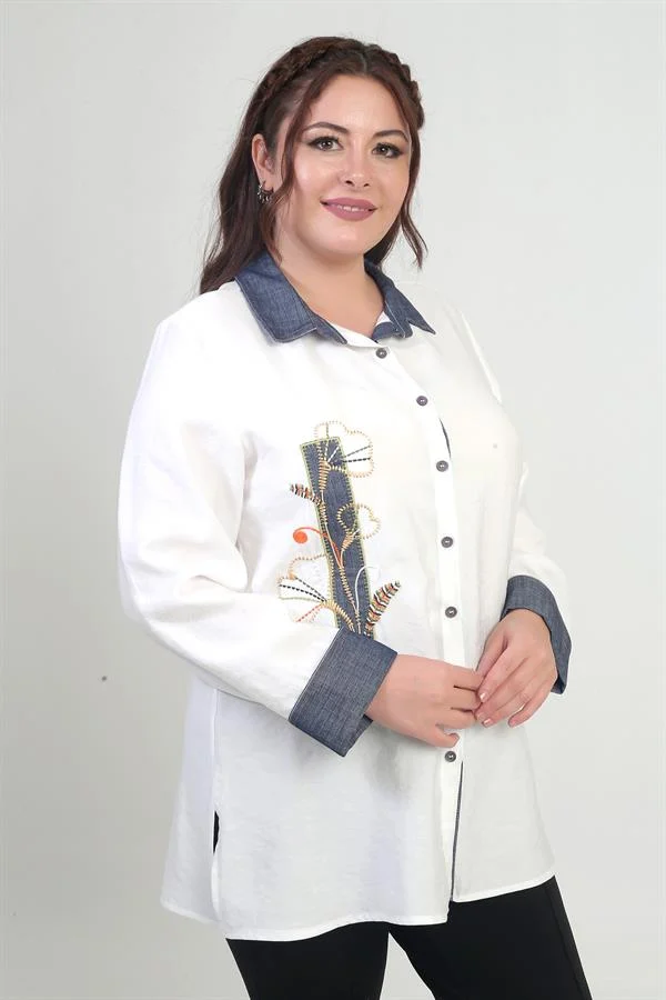 Chemise en lyocell grande taille pour femme avec application en denim brodée sur le devant