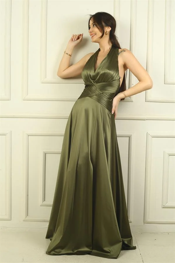 Kadın V Yaka Sırt Dekolteli Üstü Piliseli Örme Saten Uzun Elbise