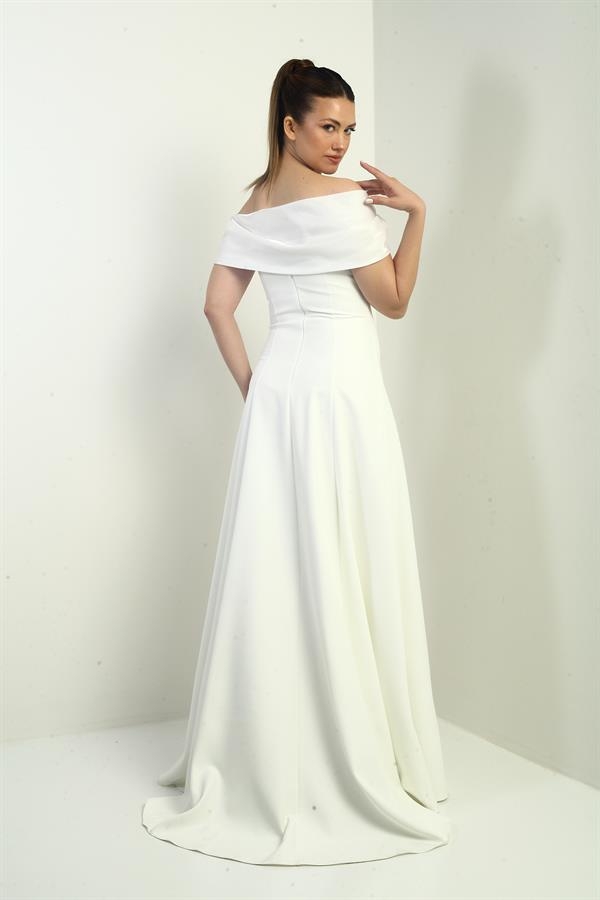 Straplez Kloş Telalı Astarlı Uzun Krep Abiye Elbise