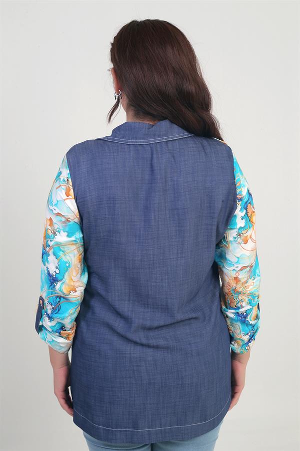 Kadın Önü Fermuarlı Desenli Büyük Beden Kot Gömlek