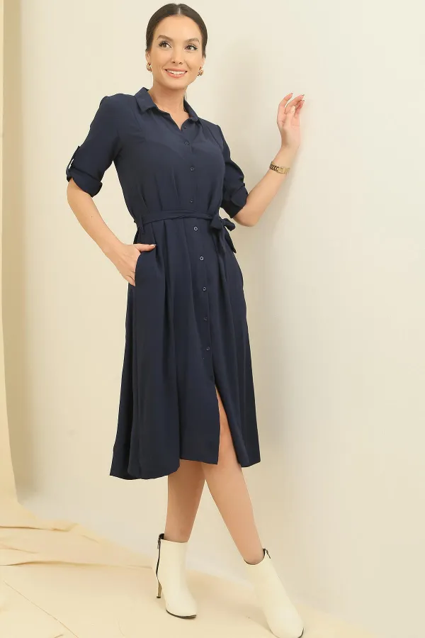 Buttoned Front Folded Sleeve Waist Belted Pocket Dress