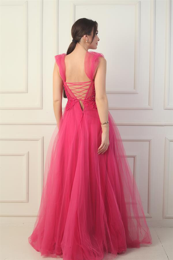 Robe de soirée princesse pour femme, décolleté en V devant et dos, manches tombantes doublées et broderie appliquée sur le haut