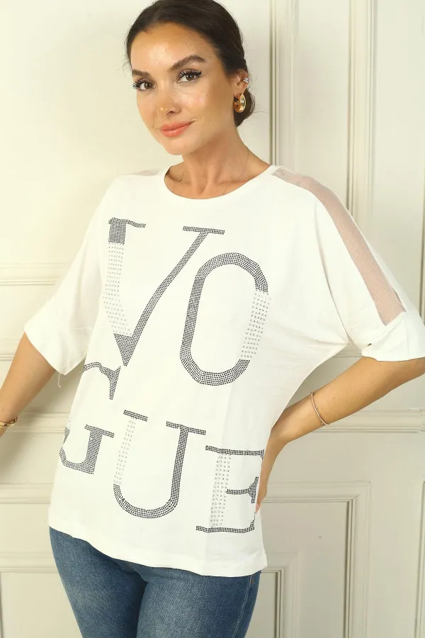 Women's Off-Shoulder Tulle Embroidered Blouse with Rhinestone and Lettering on the Front, Wide Fit