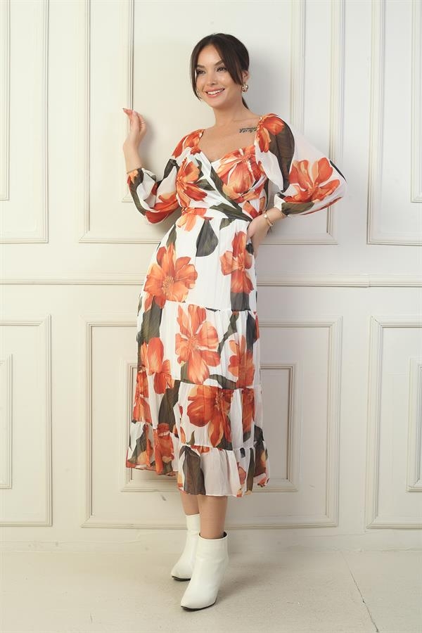 Madonna Neckline Lined Cross-Tie Floral Wrap Chiffon Dress