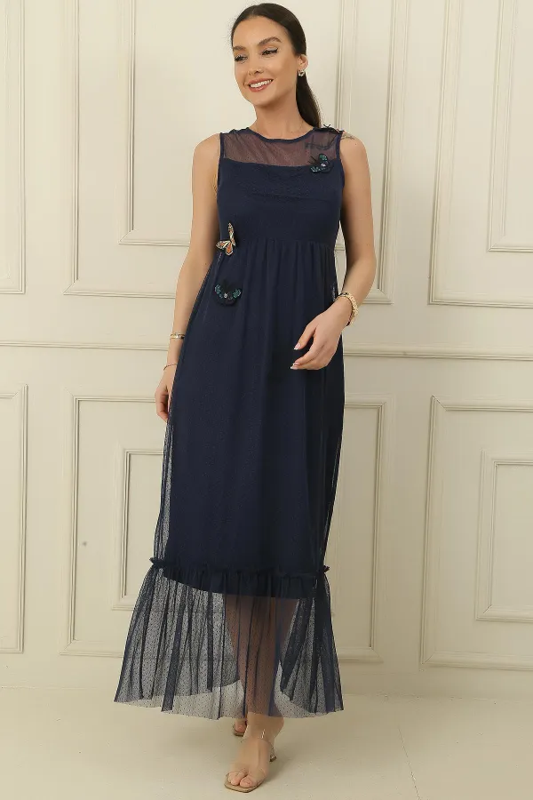 Butterfly Detail Lined Midi Length Tulle Dress