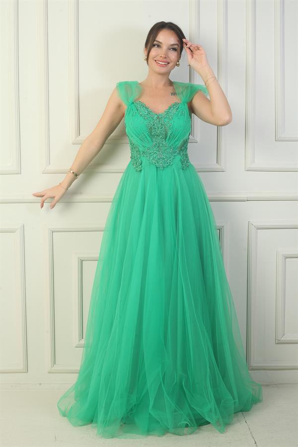 Robe de soirée princesse pour femme, décolleté en V devant et dos, manches tombantes doublées et broderie appliquée sur le haut