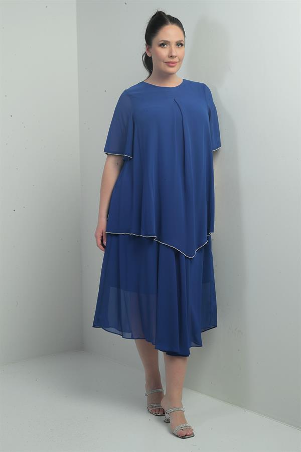 Robe midi en mousseline doublée à manches courtes à volants pour femme, grande taille, ornée de pierres