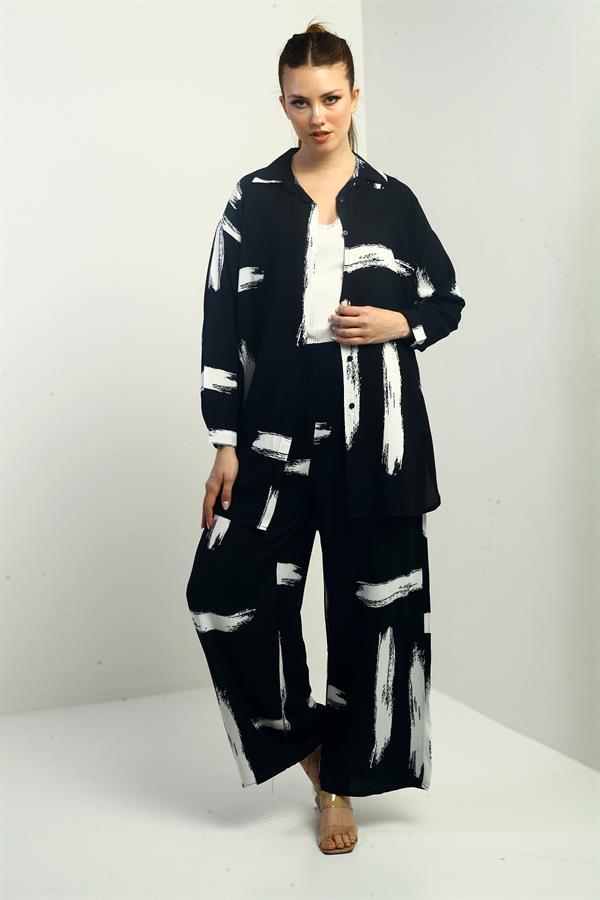 Women's Side Slit Tunic Shirt, Elastic Waist Pocketed Paazzo Pants, Brush Pattern Oversize 2-Piece Set