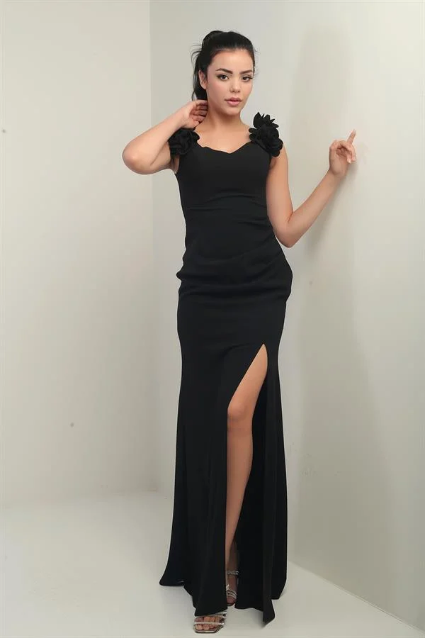 Women's Madonna Collar Floral Detailed Front Draped Long Dress