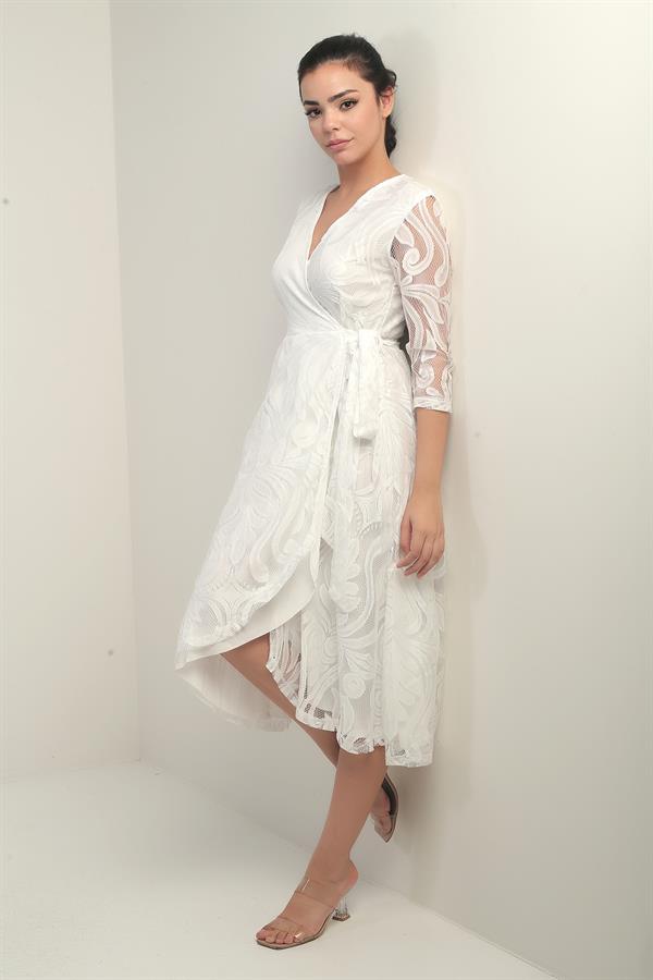 Kruvaze Yaka Astarlı Anvelop Dantel Elbise