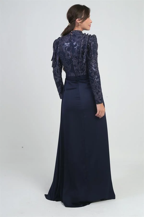 Kadın Üstü Pul Sim Detaylı Eteği Büzgülü Astarlı Şifon Uzun Elbise