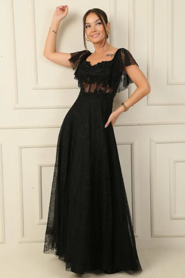 Madonna Yaka Mendil Kollu Balenli Göbek Transparan Astarlı Boncuk İşlemeli Liz Dantel Uzun Elbise