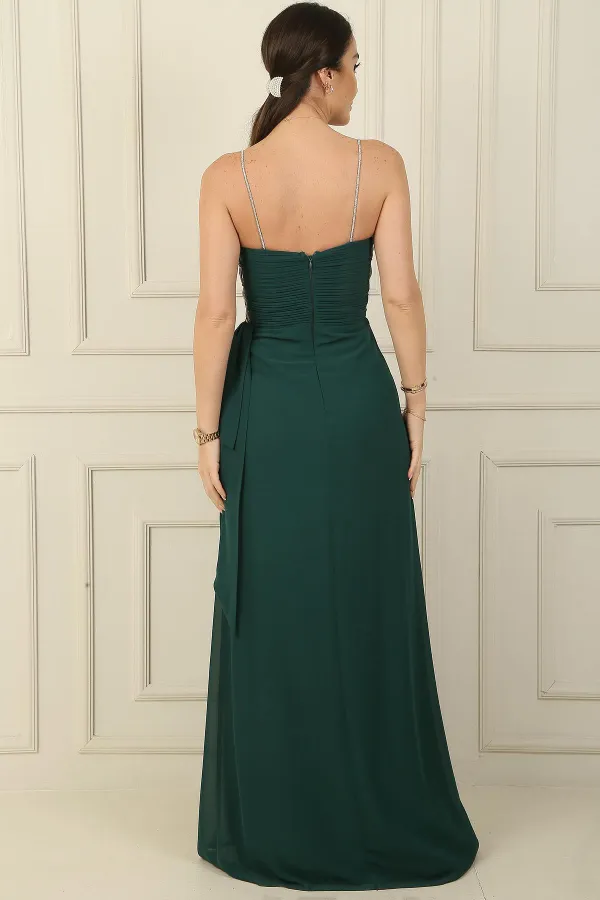 Parlak İnce Askılı Önü Drapeli Yanı Mendilli Astarlı Şifon Uzun Elbise