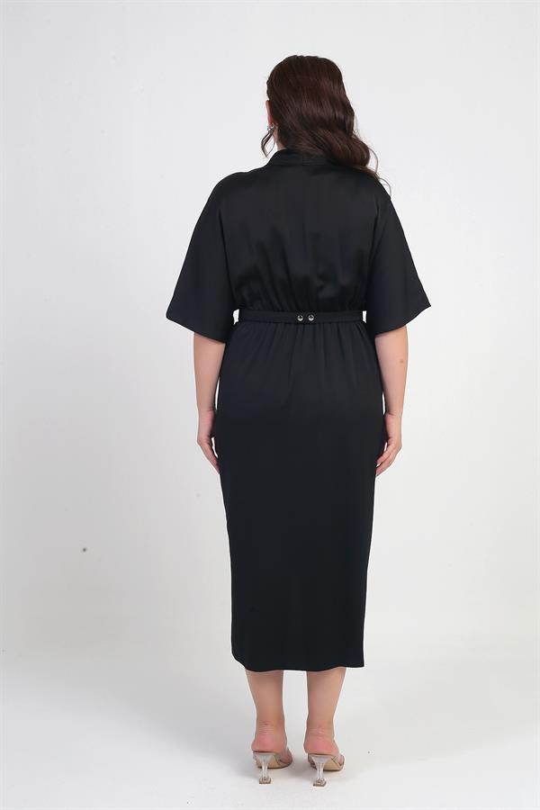 Women's Wrap Neck Short Batwing Sleeve Double Pleated Crepe Satin Plus Size Midi Designer Dress