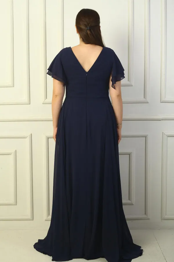 Robe longue en mousseline de soie grande taille pour femme, col en V, drapée, brodée de perles, doublée