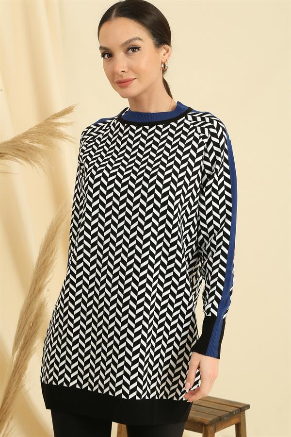 Tunique tricotée à rayures, coupe décontractée, col et poignets à motifs en zigzag