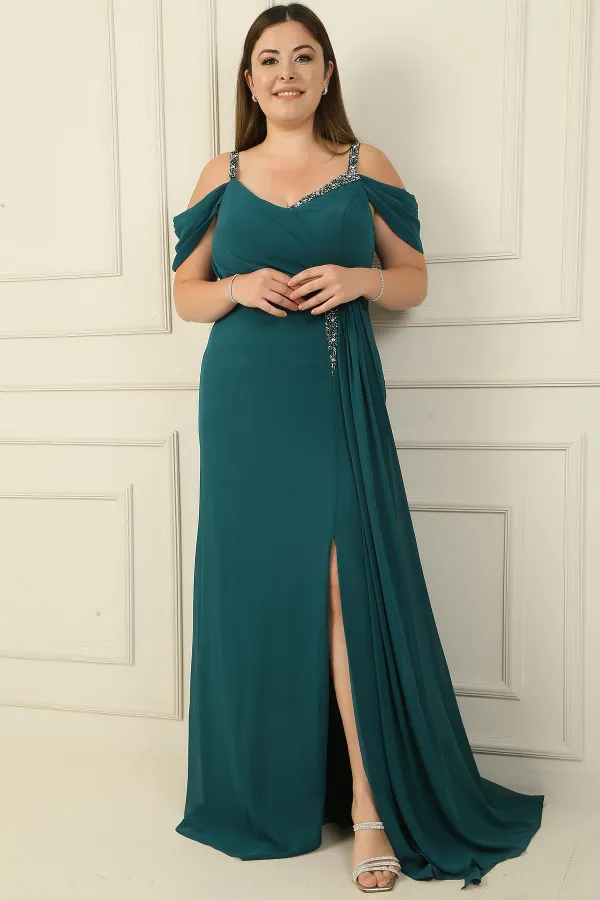 Kadın Taş Detay Askılı Düşük Kol Yanı Mendil Yırmaçlı Askılı Büyük Beden Şifon Uzun Elbise