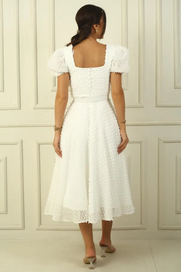 Balloon Sleeve Midi Length Lined Waist Belted Patchwork Fabric Dress