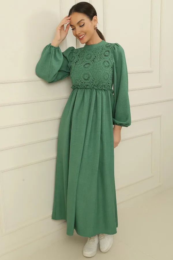 Laced Linen Effect Long Dress