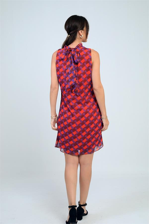 Robe courte en mousseline doublée à motifs et col en V pour femme