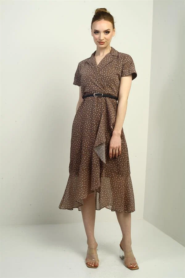 Kadın Kruvaze Yaka Astarlı Çıtır Desen Önü Volanlı Şifon Elbise