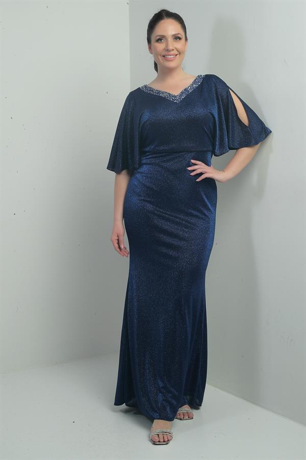 Robe longue pailletée grande taille pour femme, ornée de détails sur le devant et le dos, décolleté en V, doublée, manches chauve-souris et décolleté plongeant.