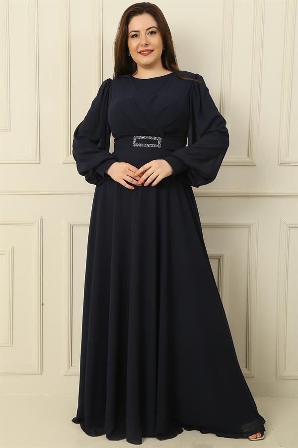 Wrap-neck, belted, lined, plus-size long modest dress.
