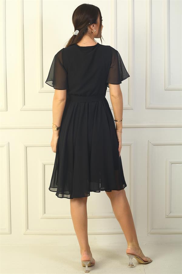 Women's Wrap Neckline Ruffled Sleeve Lined Chiffon Dress