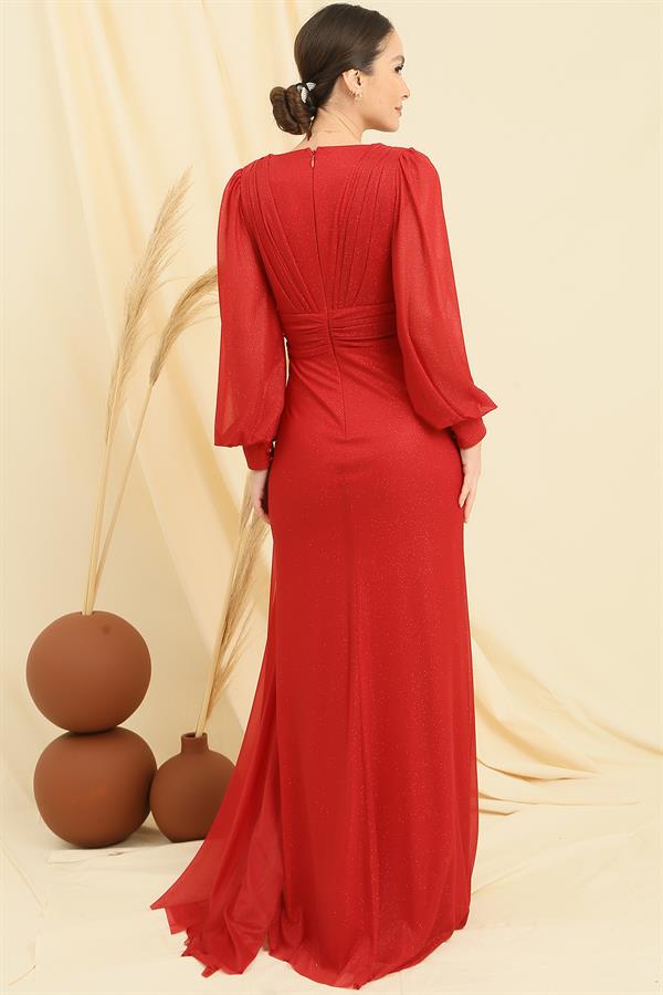 Wrap-neck, button-down sleeves, lined, pocket square, sequined long dress