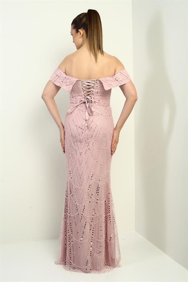 Kadın Madonna Yaka Astarlı Üstü Tül Boncuk-Pul İşlemeli Uzun Abiye Elbise