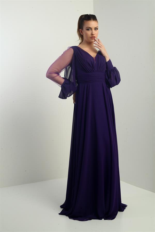 Ön Arka V Yaka Önü Drapeli Kolları Tül Astarlı Geniş Beden Aralıklı Uzun Şifon Elbise