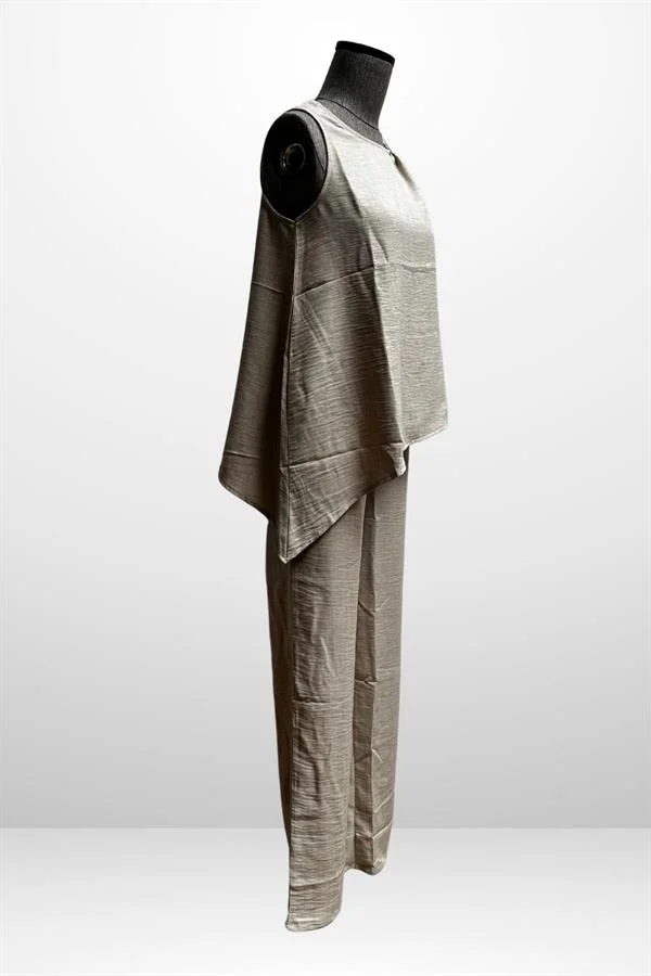 Kadın  Toka Detaylı Eteği Asimetrik Bluz Beli Lastikli Cepli Palazzo Pantolon Keten 2'li Takım