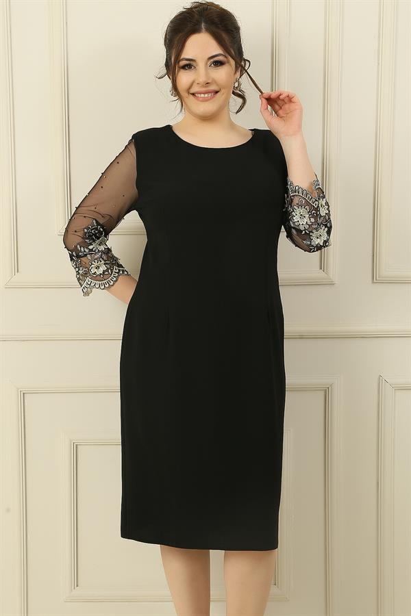 Plus Size Lined Dress with Tulle, Bead and Flower Embroidered Sleeves