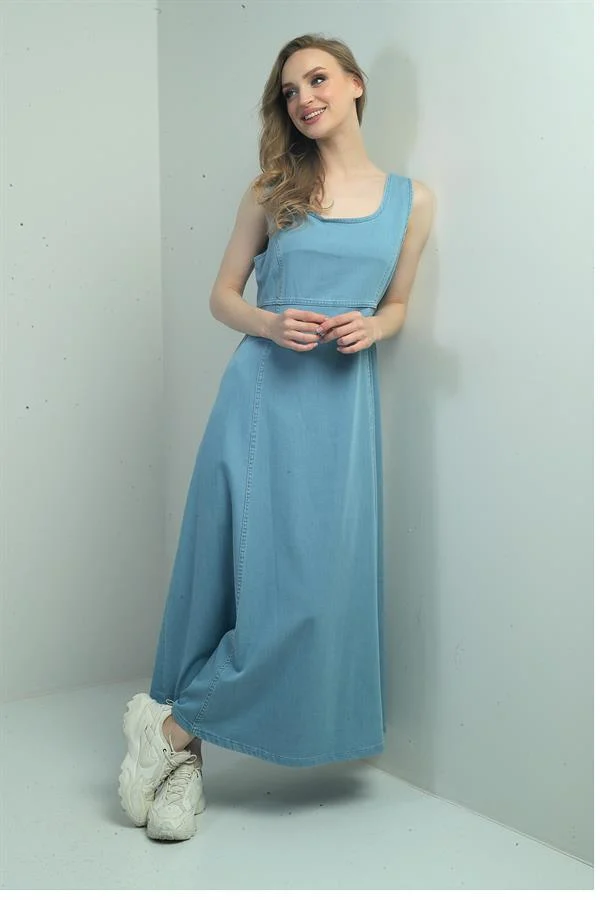 Gilet long sans manches en denim lyocell à col carré pour femme