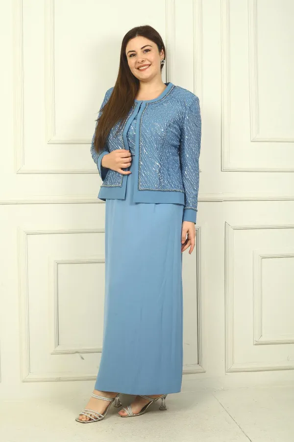 Women's Beaded and Sequin Embellished Tulle Jacket, Half-Moon Sleeve Long Dress, Lined, Plus Size Two-Piece Set