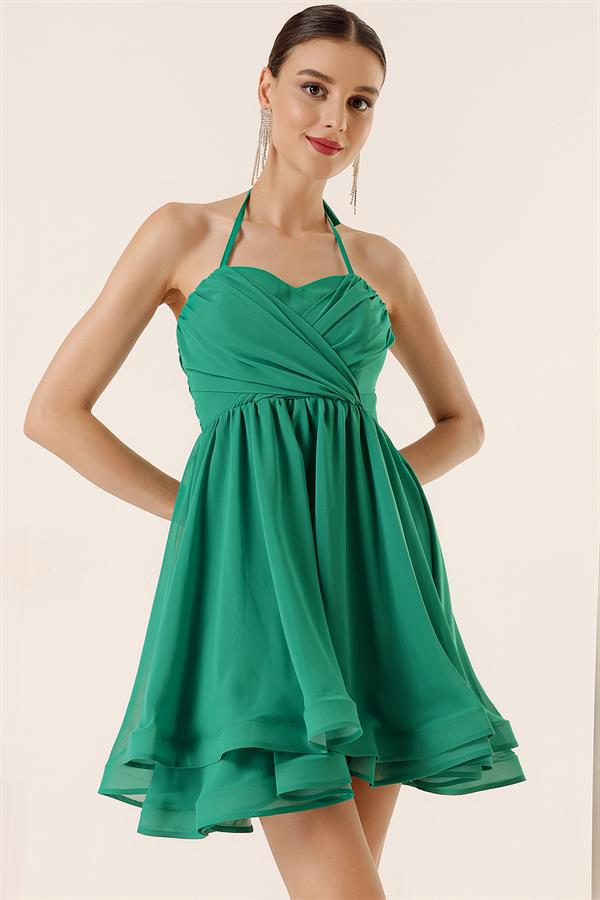 Boyundan Bağlamalı Astarlı Kısa Şifon Elbise